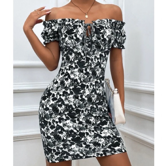 Boho Blue Floral Print Off Shoulder Bodycon Dress - Picture 10 of 16